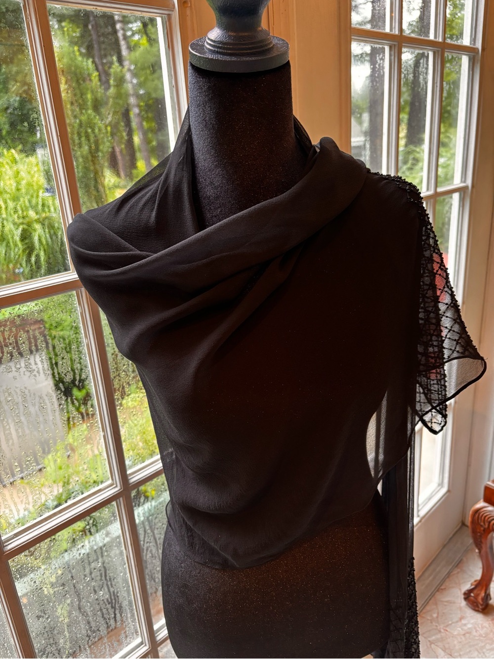 Black silk Sheer Wrap Scarf with beaded ends